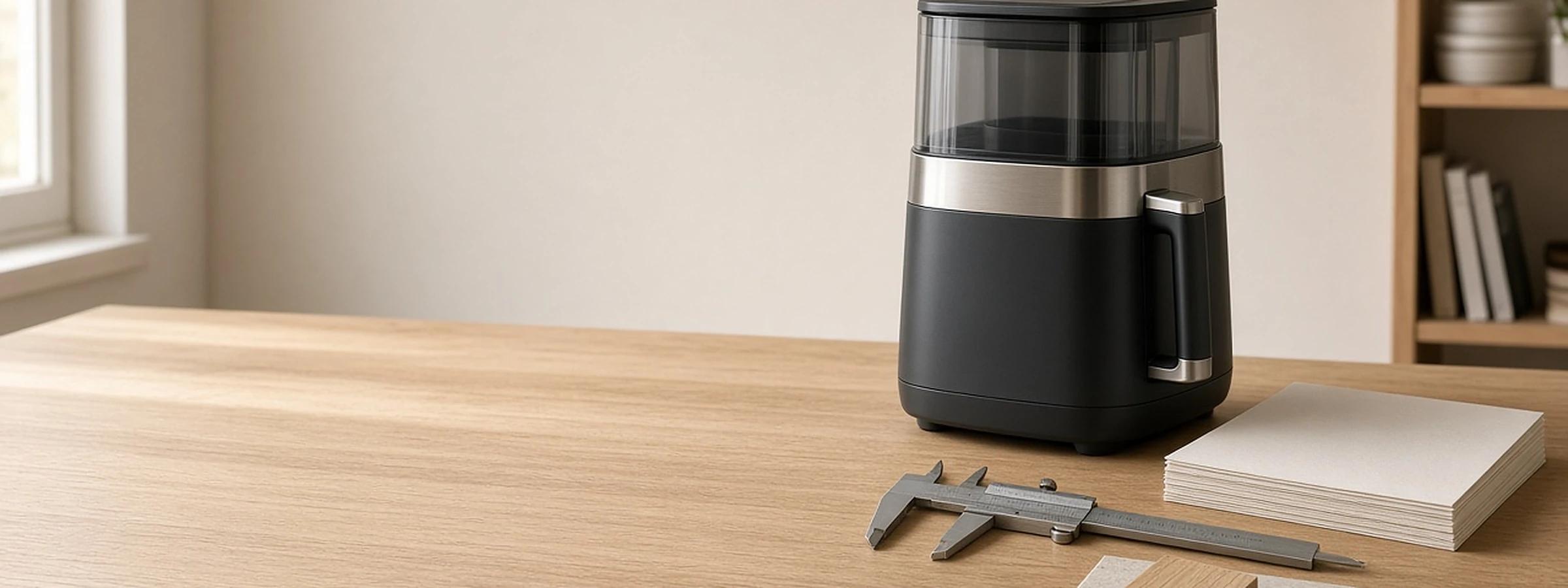 Premium product development studio with appliance prototypes and material samples